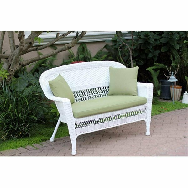 Jeco White Wicker Patio Love Seat With Green Cushion And Pillows W00206-L-FS029-CL